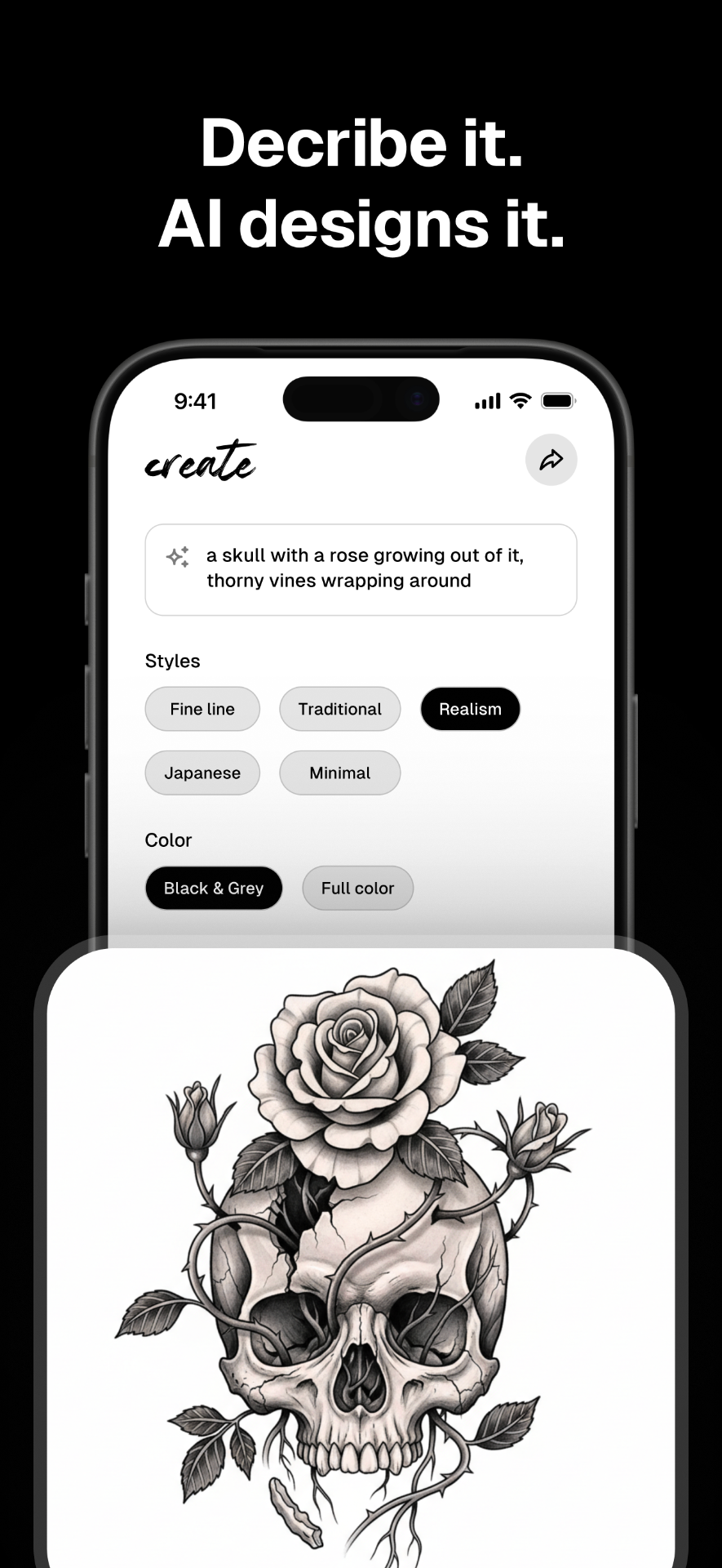 Inkfit Create screen generating a skull and rose tattoo from a prompt