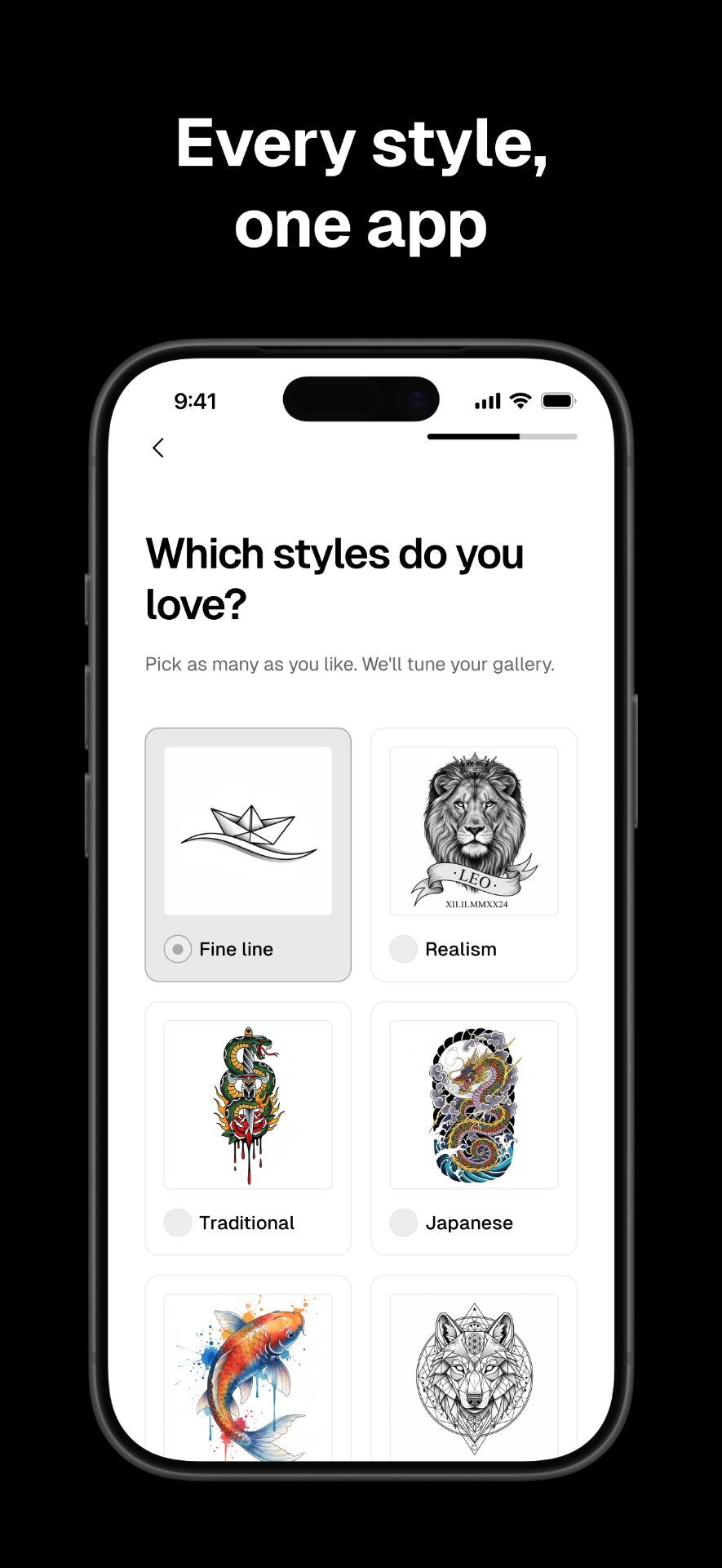 Inkfit onboarding style picker with fine line, realism, traditional and japanese options
